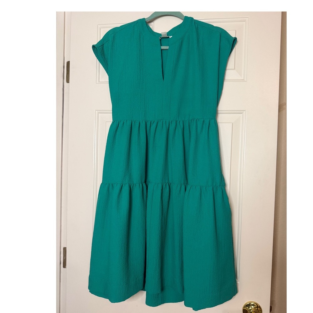 Calvin Klein Teal Green Tiered Midi Dress Split V-Neck Cap Sleeve Size 6